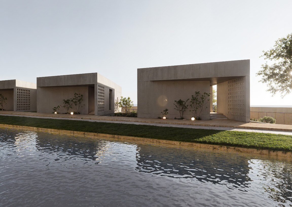 Diwaniyah courtyard approach with native planting and stone volumes