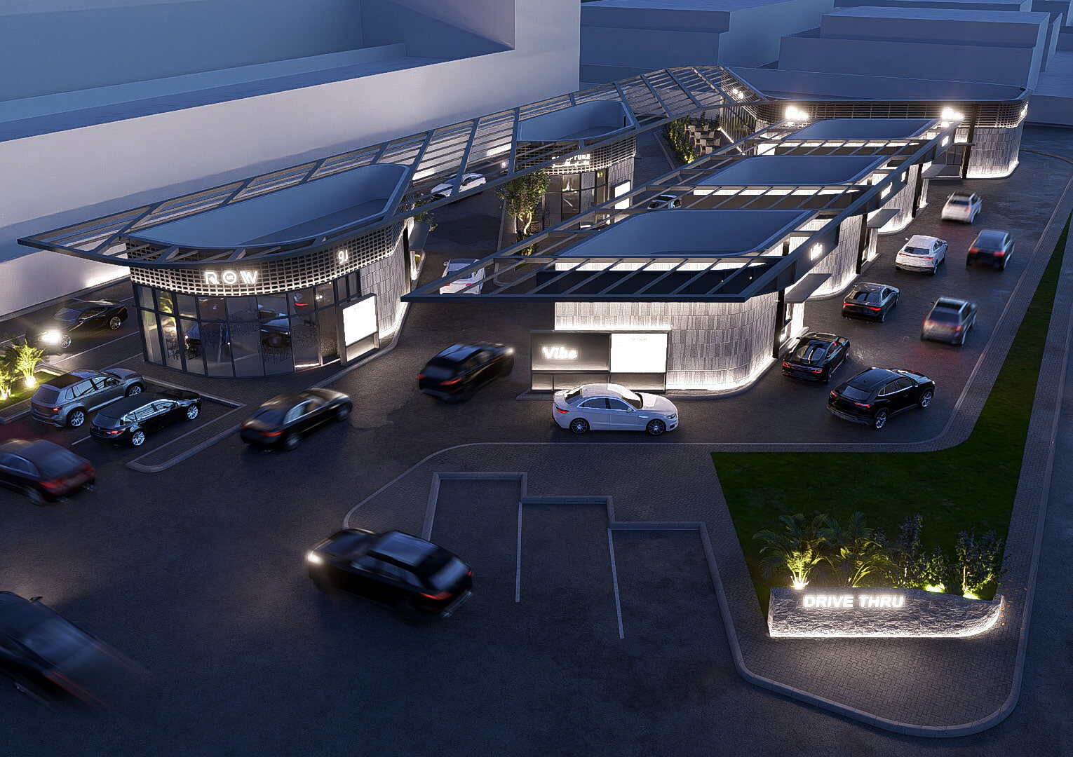 Palm-lined mixed-use complex corner with layered commercial frontage